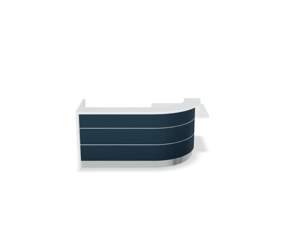 Empfangstheke Valde in Weiss Pastell mit Glas-Oberplatte, Aluminium-Dekorstreifen, HPL-Hochglanzfront und durchgehender LED-Beleuchtung an der Thekenlänge