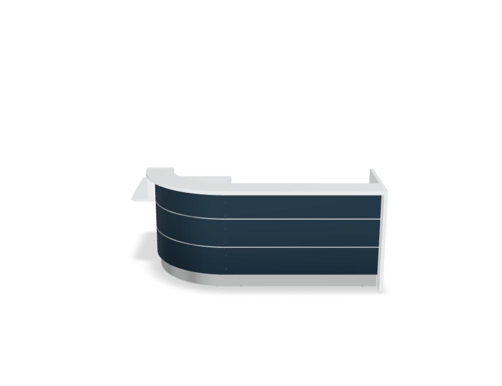Empfangstheke Valde in Weiss Pastell mit Glas-Oberplatte, Aluminium-Dekorstreifen, HPL-Hochglanzfront und durchgehender LED-Beleuchtung an der Thekenlänge