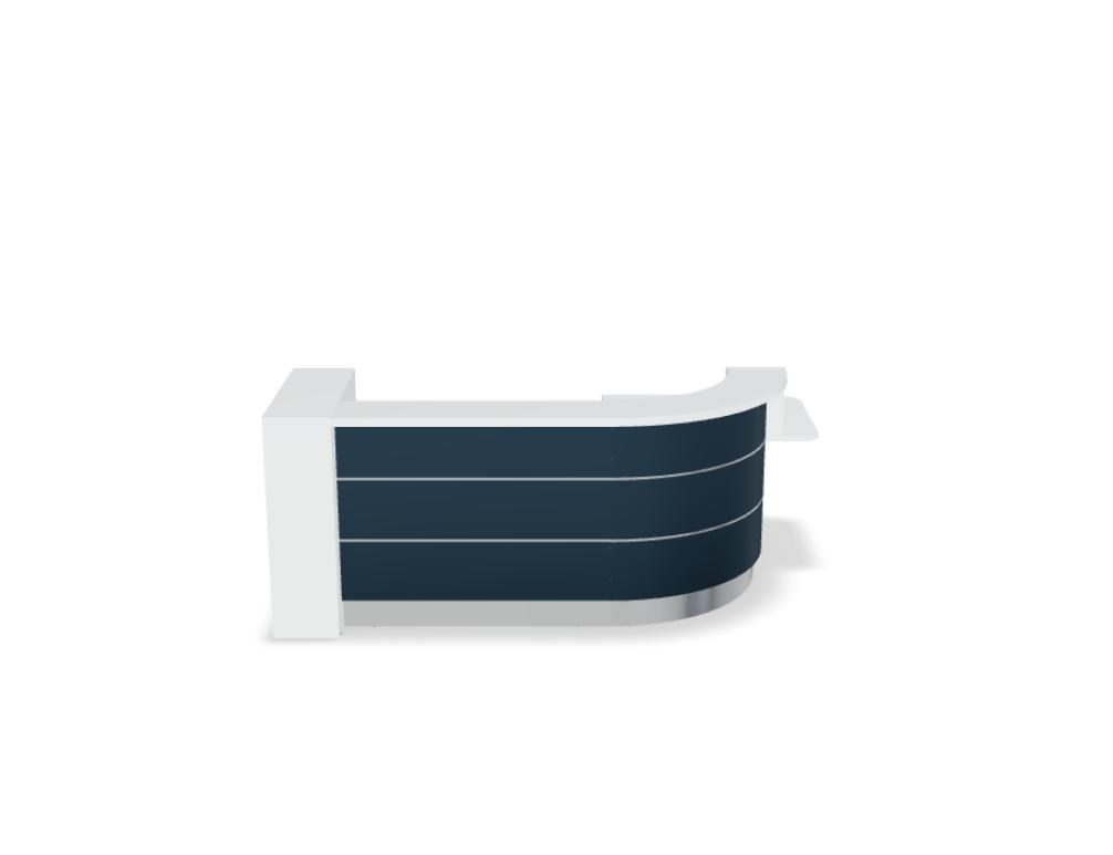 Empfangstheke Valde in Weiss Pastell mit Glas-Oberplatte, Aluminium-Dekorstreifen, HPL-Hochglanzfront und durchgehender LED-Beleuchtung an der Thekenlänge