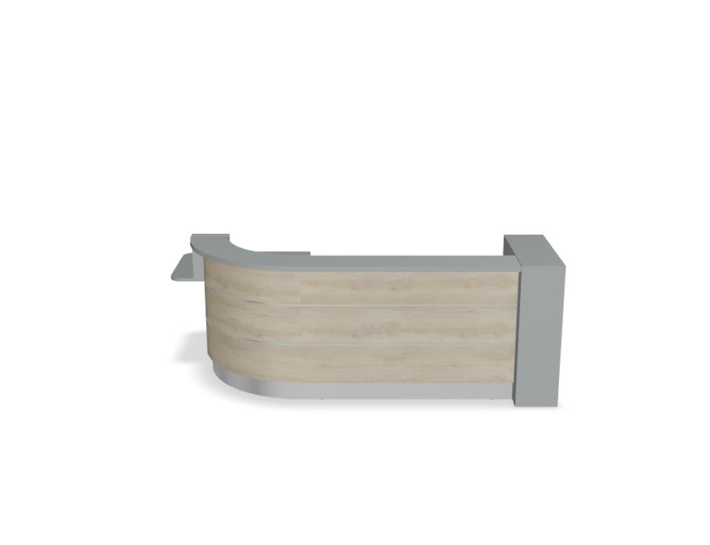 Empfangstheke Valde in Weiss Pastell mit Glas-Oberplatte, Aluminium-Dekorstreifen, HPL-Hochglanzfront und durchgehender LED-Beleuchtung an der Thekenlänge