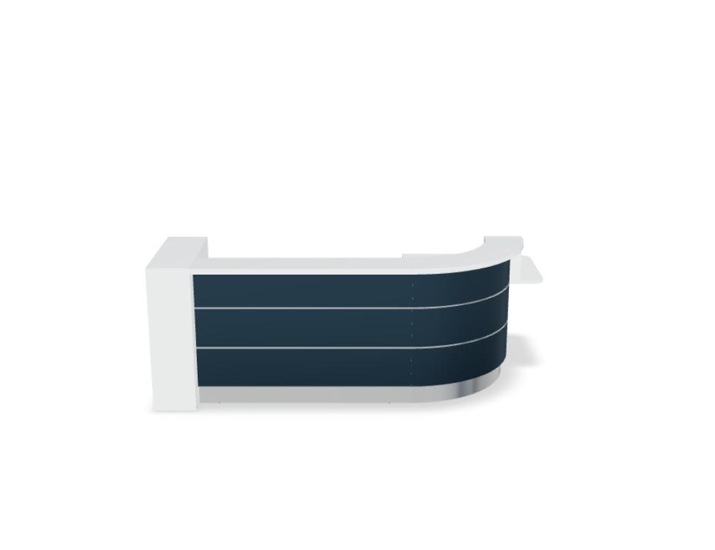 Empfangstheke Valde in Weiss Pastell mit Glas-Oberplatte, Aluminium-Dekorstreifen, HPL-Hochglanzfront und durchgehender LED-Beleuchtung an der Thekenlänge