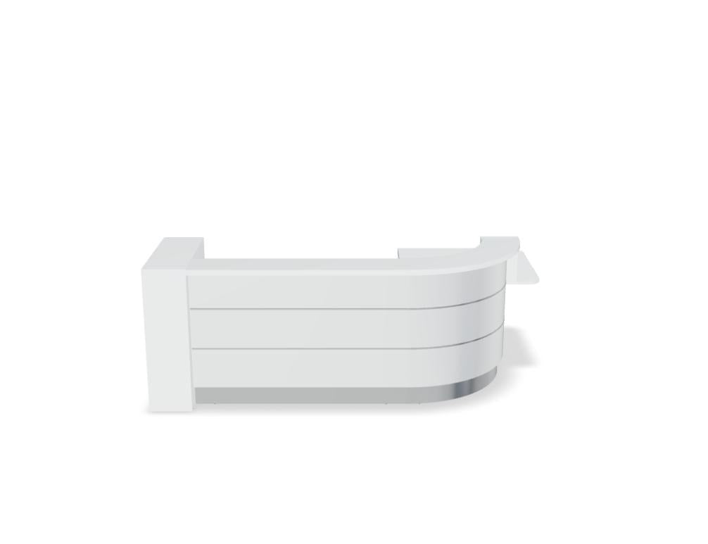 Empfangstheke Valde in Weiss Pastell mit Glas-Oberplatte, Aluminium-Dekorstreifen, HPL-Hochglanzfront und durchgehender LED-Beleuchtung an der Thekenlänge
