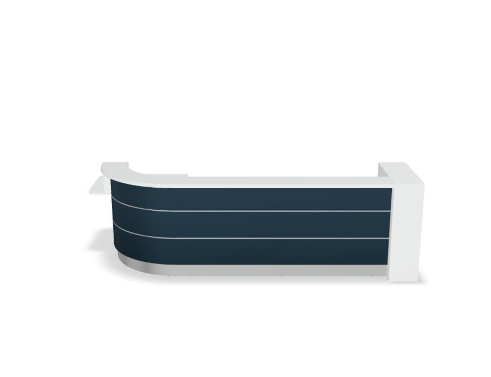 Empfangstheke Valde in Weiss Pastell mit Glas-Oberplatte, Aluminium-Dekorstreifen, HPL-Hochglanzfront und durchgehender LED-Beleuchtung an der Thekenlänge