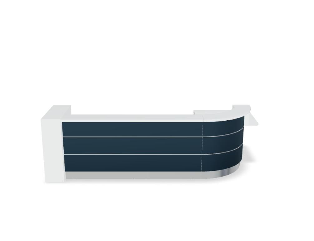 Empfangstheke Valde in Weiss Pastell mit Glas-Oberplatte, Aluminium-Dekorstreifen, HPL-Hochglanzfront und durchgehender LED-Beleuchtung an der Thekenlänge