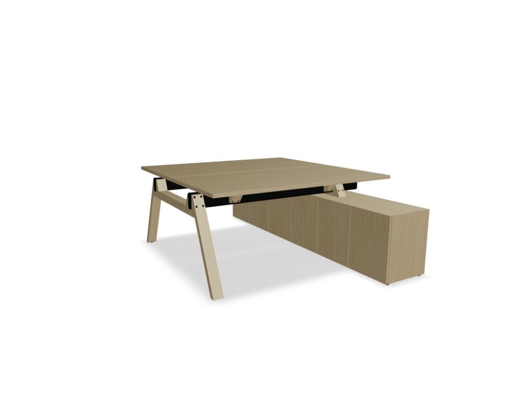 Doppelschreibtisch Viga von Mdd mit Managerschrank, Farbe Dunkle Walnuss, Aluminiumgestell, Naturholz-Fuss aus Eiche, Grösse 160x240x74 cm.