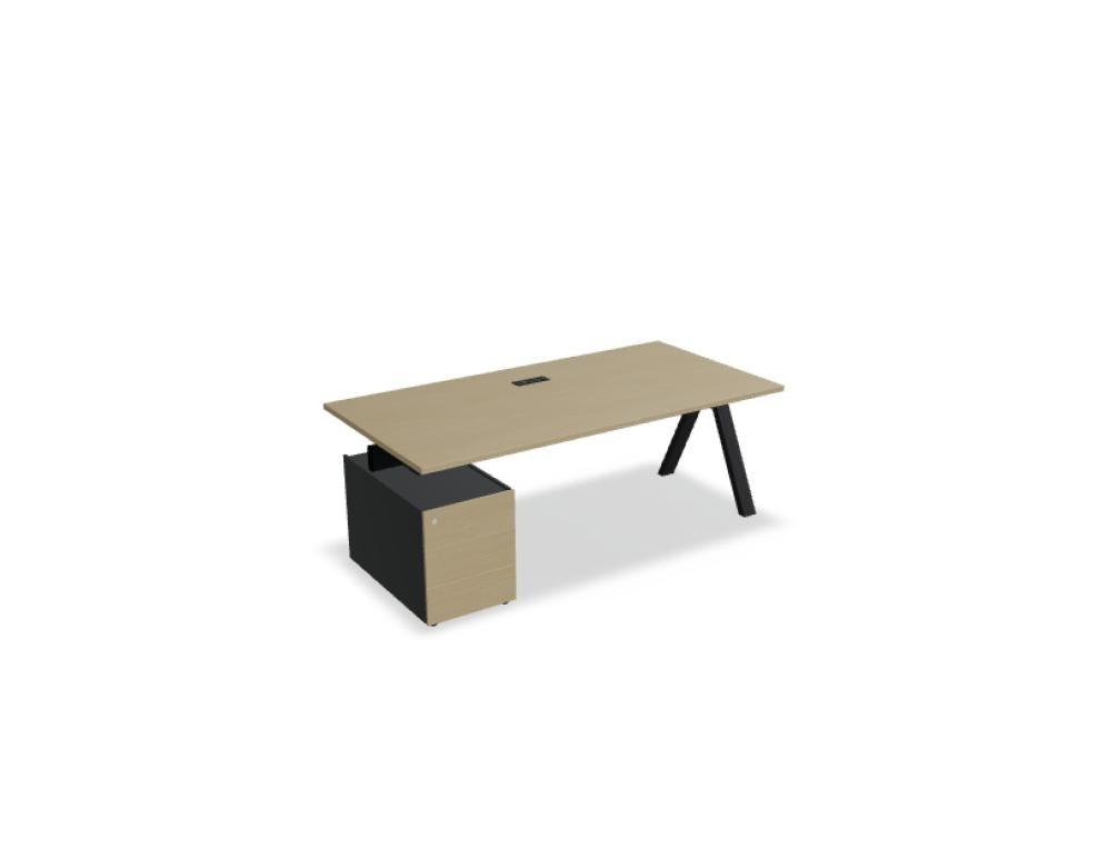 Chefschreibtisch Viga mit Container in Dunkler Walnuss, Aluminiumgestell in Schwarz und Eichenfuss, Ansicht von vorne.