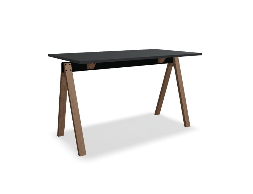 Hochtisch Viga von Mdd in Dunkler Walnuss mit schwarzem Aluminiumgestell und Eichenfuss, Masse 160x80x110 cm, Gesamtansicht des Tisches.