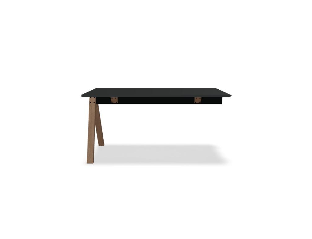 Hochtisch Viga von Mdd in Dunkler Walnuss mit schwarzem Aluminiumgestell und Eichenfuss, Masse 160x80x110 cm, Gesamtansicht des Tisches.