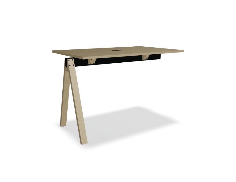Hochtisch Viga von Mdd in Dunkler Walnuss mit schwarzem Aluminiumgestell und Eichenfuss, Masse 160x80x110 cm, Gesamtansicht des Tisches.