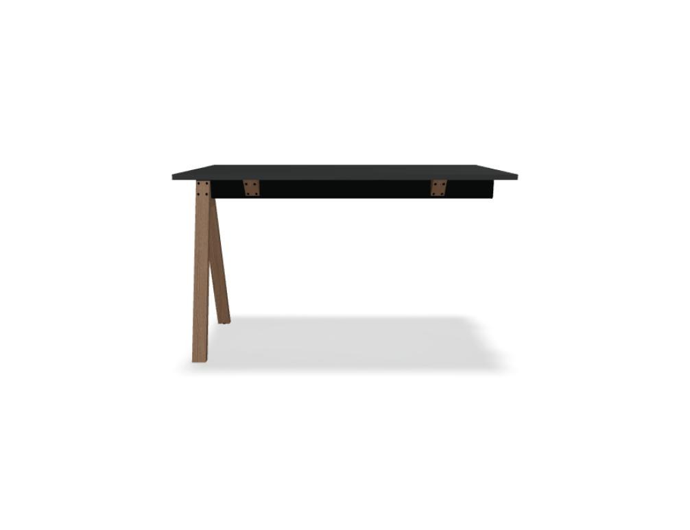 Hochtisch Viga von Mdd in Dunkler Walnuss mit schwarzem Aluminiumgestell und Eichenfuss, Masse 160x80x110 cm, Gesamtansicht des Tisches.