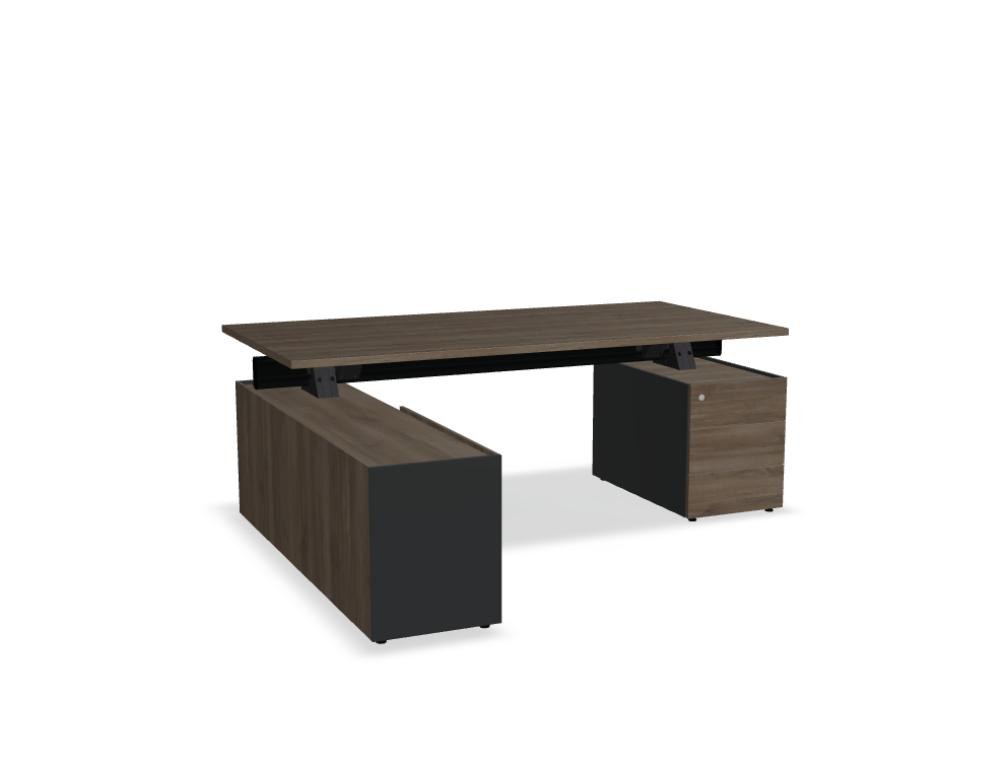 Chefschreibtisch Viga in Dunkler Walnuss mit Aluminiumgestell, Managerschrank und Rollcontainer aus Holzfurnier, Ansicht von vorne.