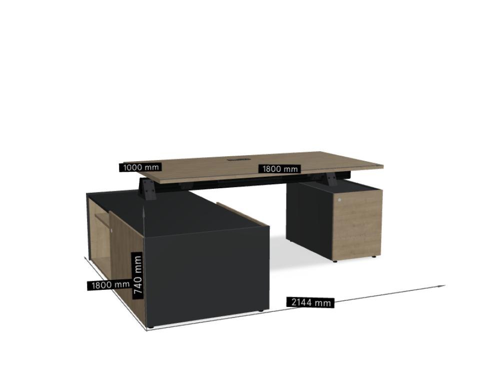 Chefschreibtisch Viga in Dunkler Walnuss mit Aluminiumgestell, Managerschrank und Rollcontainer aus Holzfurnier, Ansicht von vorne.