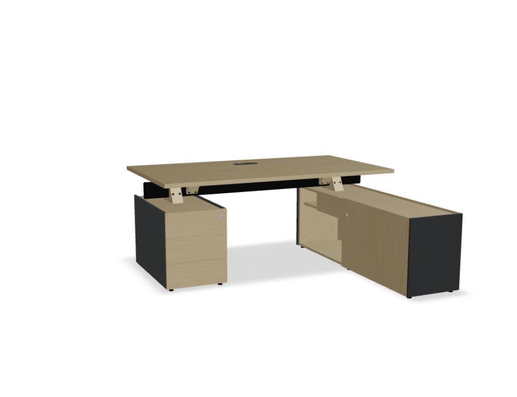 Chefschreibtisch Viga in Dunkler Walnuss mit Aluminiumgestell, Managerschrank und Rollcontainer aus Holzfurnier, Ansicht von vorne.