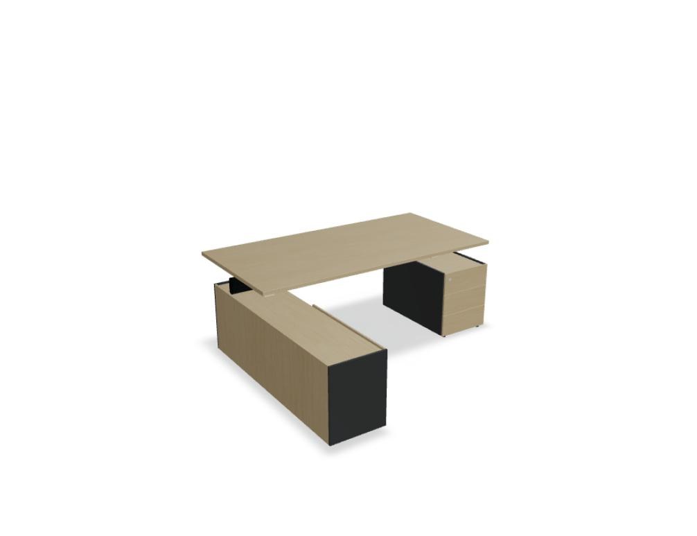 Chefschreibtisch Viga in Dunkler Walnuss mit Aluminiumgestell, Managerschrank und Rollcontainer aus Holzfurnier, Ansicht von vorne.