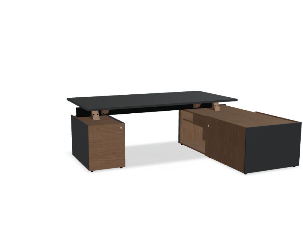 Chefschreibtisch Viga in Dunkler Walnuss mit Aluminiumgestell, Managerschrank und Rollcontainer aus Holzfurnier, Ansicht von vorne.