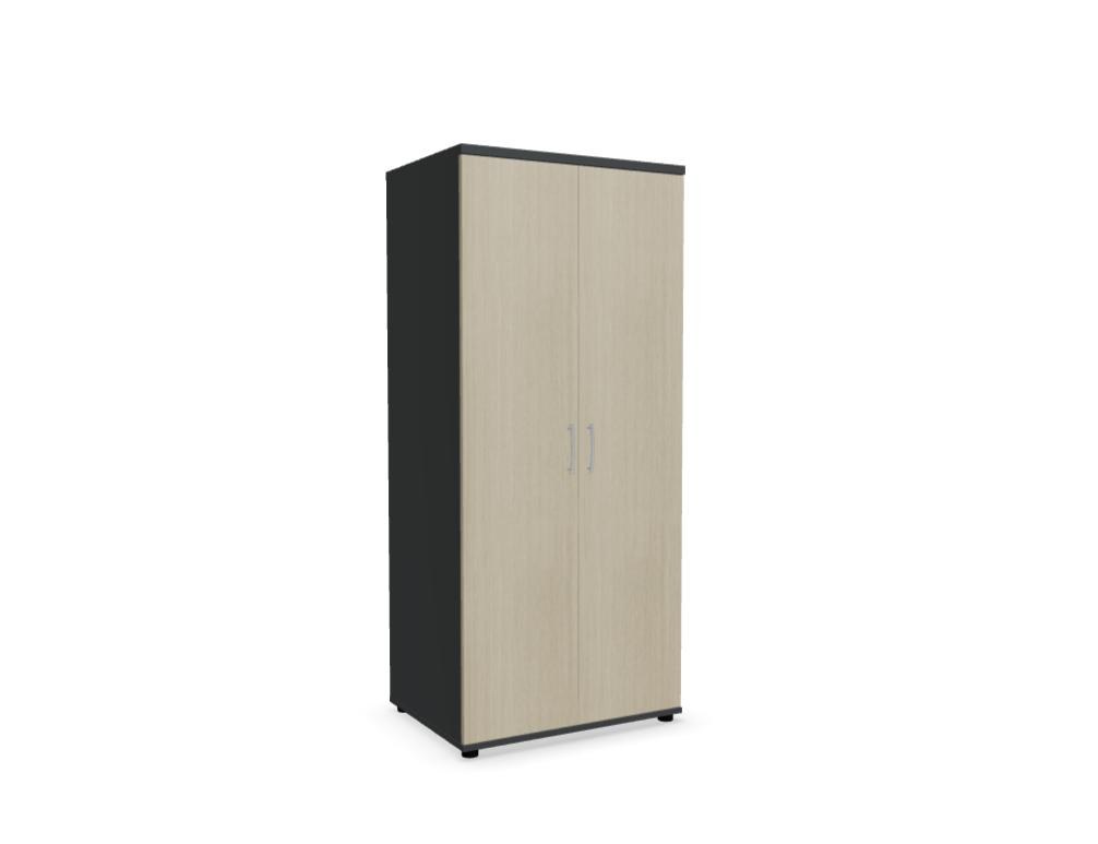Kleiderschrank Basic von Mdd in Dunkle Walnuss mit schwarzem Korpus, Aluminiumgriff und Melamin-Front, freistehend fotografiert.