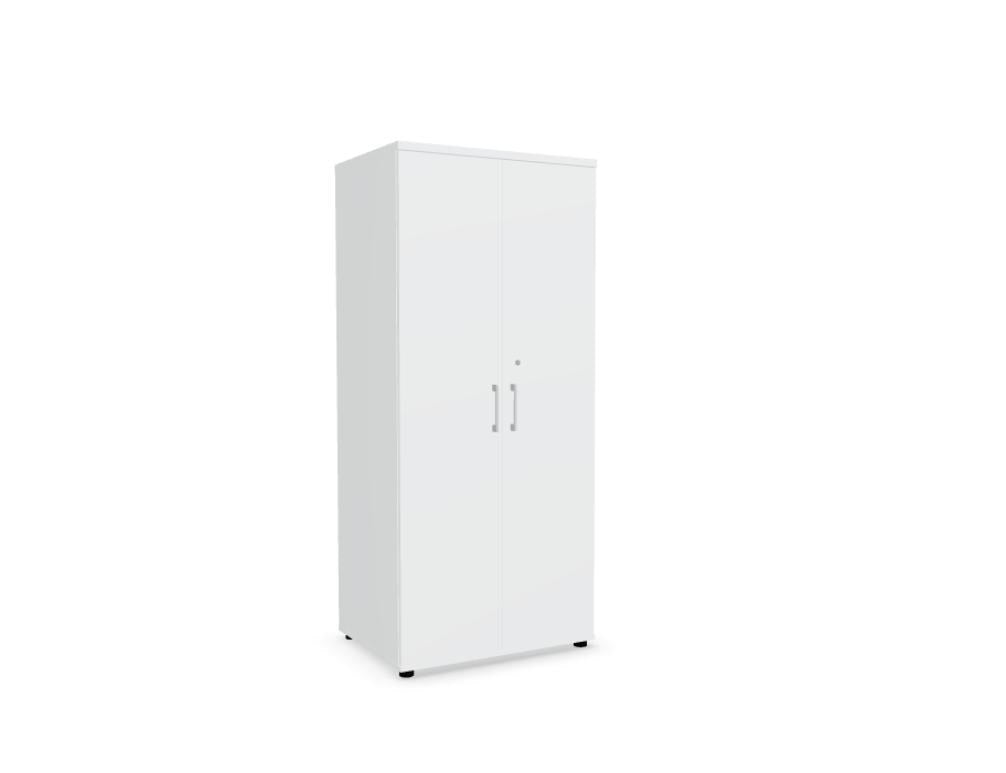 Kleiderschrank mit Front in Eiche Natur und Korpus in Weiss Pastell, Melaminplatte mit ABS-Umleimer, Aluminiumgriffe, rechteckige Form.