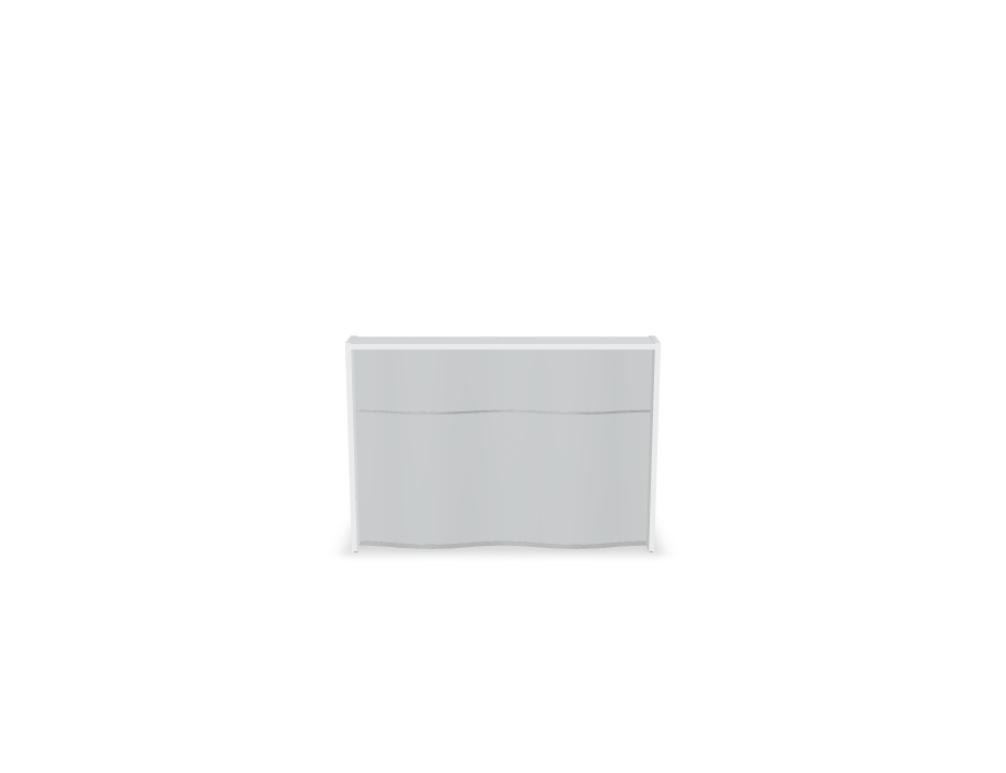 Empfangstheke Wave von Mdd in Weiss Pastell mit organischer HPL-Front, Aluminiumstreifen und modularer Wellenform-Konstruktion.