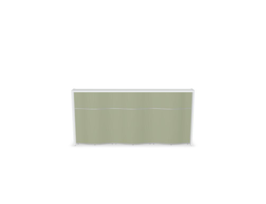 Empfangstheke Wave von Mdd in Weiss Pastell mit organischer HPL-Front, Aluminiumstreifen und modularer Wellenform-Konstruktion.