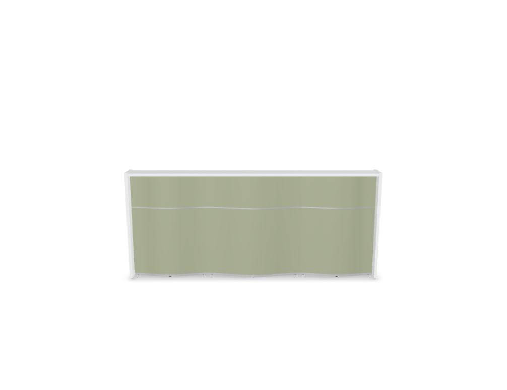 Empfangstheke Wave von Mdd in Weiss Pastell mit organischer HPL-Front, Aluminiumstreifen und modularer Wellenform-Konstruktion.