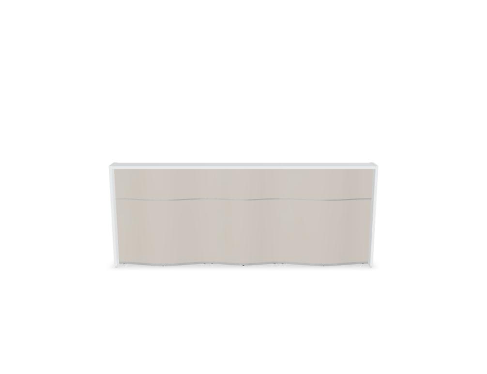 Empfangstheke Wave von Mdd in Weiss Pastell mit organischer HPL-Front, Aluminiumstreifen und modularer Wellenform-Konstruktion.
