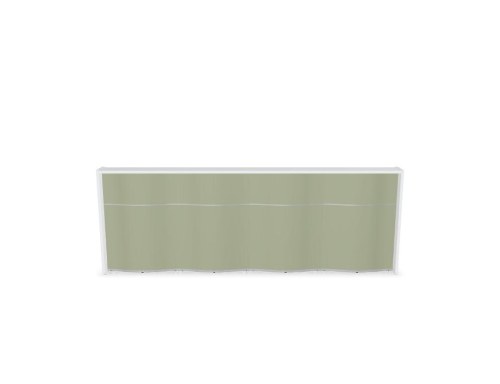 Empfangstheke Wave von Mdd in Weiss Pastell mit organischer HPL-Front, Aluminiumstreifen und modularer Wellenform-Konstruktion.