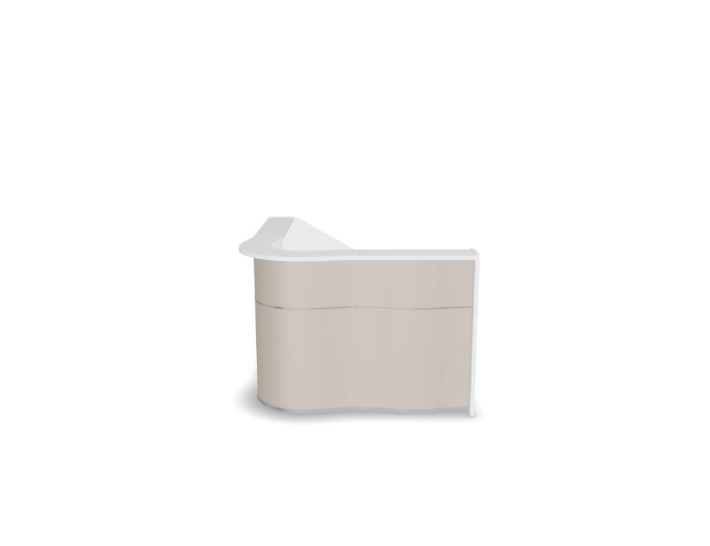 Empfangstheke Wave von Mdd in Weiss Pastell mit organischer HPL-Front, Aluminiumstreifen und modularer Wellenform-Konstruktion.