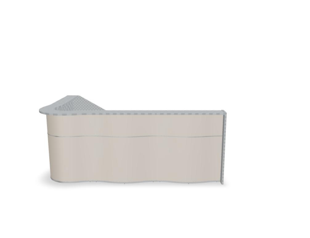 Empfangstheke Wave von Mdd in Weiss Pastell mit organischer HPL-Front, Aluminiumstreifen und modularer Wellenform-Konstruktion.