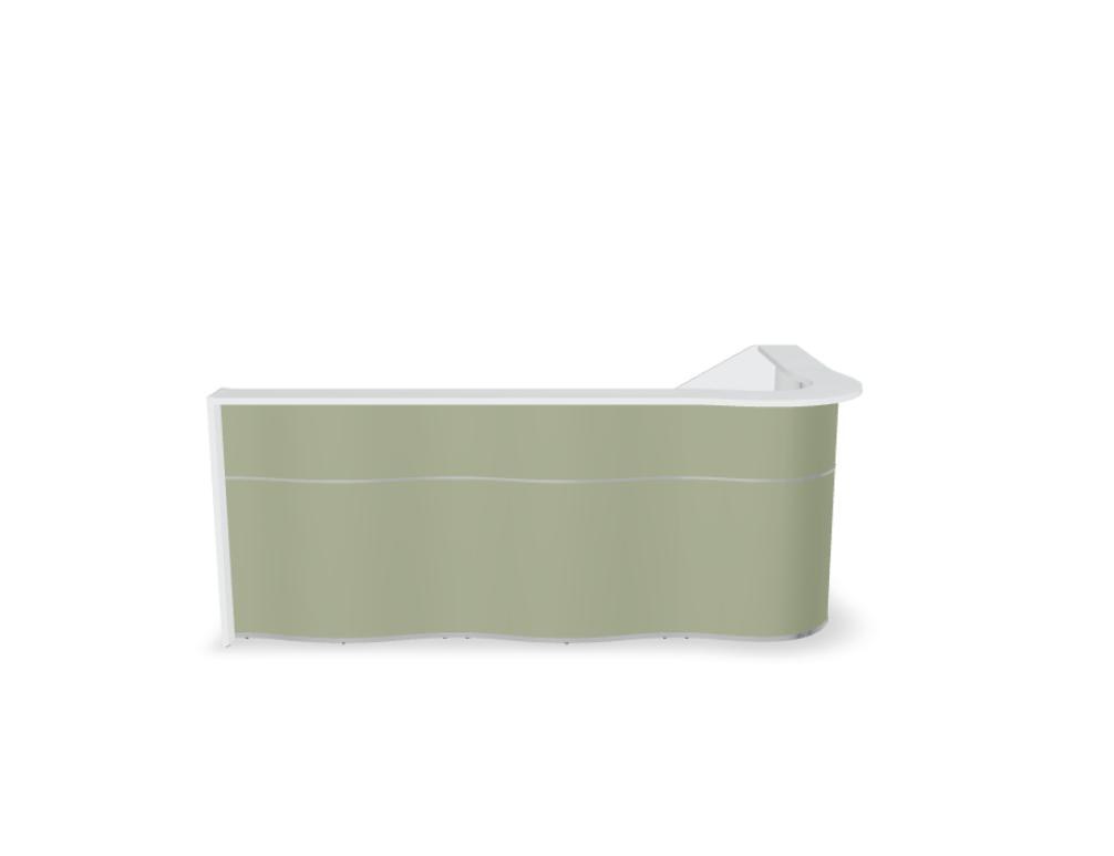Empfangstheke Wave von Mdd in Weiss Pastell mit organischer HPL-Front, Aluminiumstreifen und modularer Wellenform-Konstruktion.