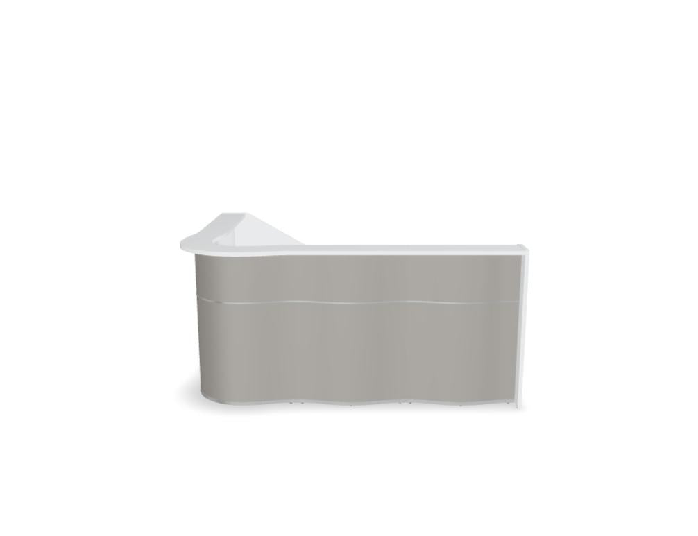 Empfangstheke Wave von Mdd in Weiss Pastell mit organischer HPL-Front, Aluminiumstreifen und modularer Wellenform-Konstruktion.