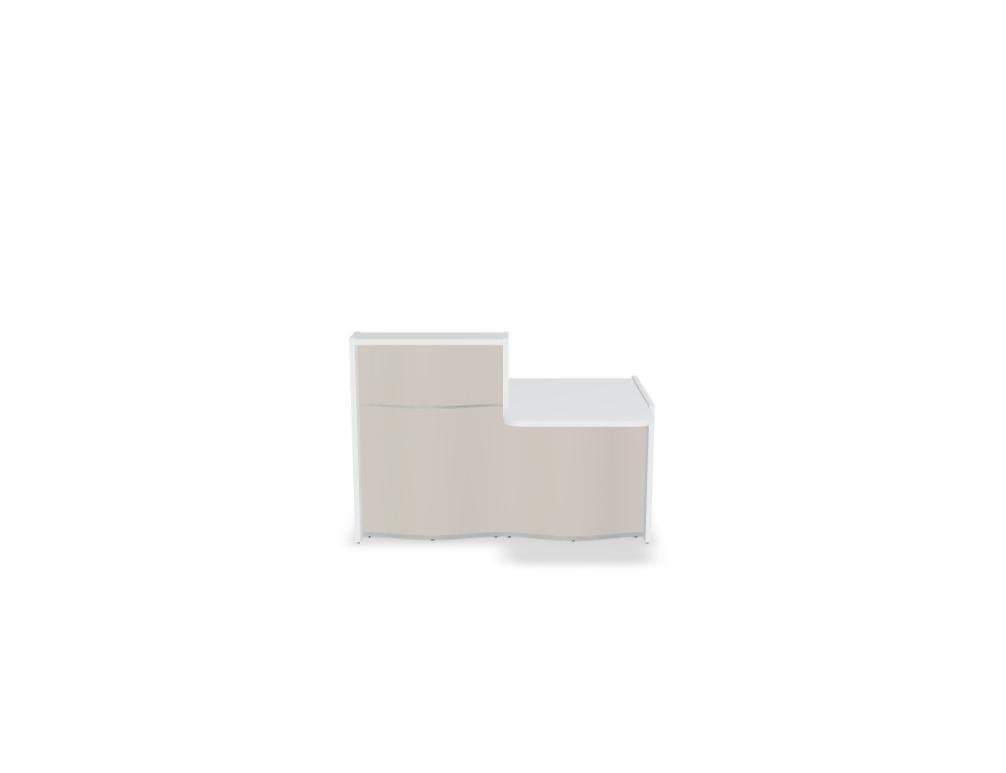 Empfangstheke Wave von Mdd in Weiss Pastell mit organischer HPL-Front, Aluminiumstreifen und modularer Wellenform-Konstruktion.