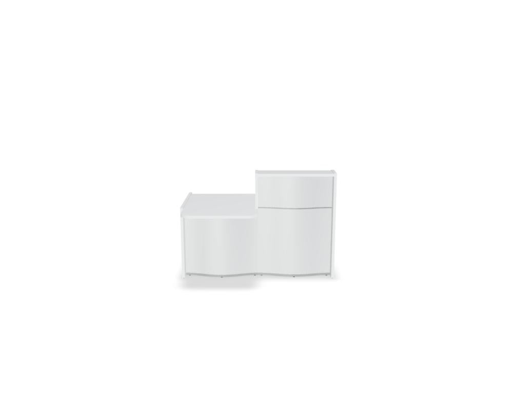 Empfangstheke Wave von Mdd in Weiss Pastell mit organischer HPL-Front, Aluminiumstreifen und modularer Wellenform-Konstruktion.