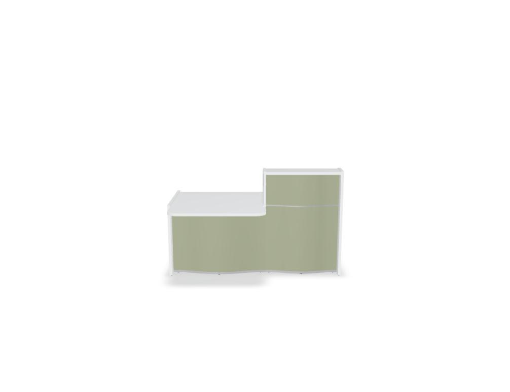 Empfangstheke Wave von Mdd in Weiss Pastell mit organischer HPL-Front, Aluminiumstreifen und modularer Wellenform-Konstruktion.