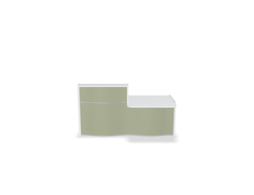 Empfangstheke Wave von Mdd in Weiss Pastell mit organischer HPL-Front, Aluminiumstreifen und modularer Wellenform-Konstruktion.