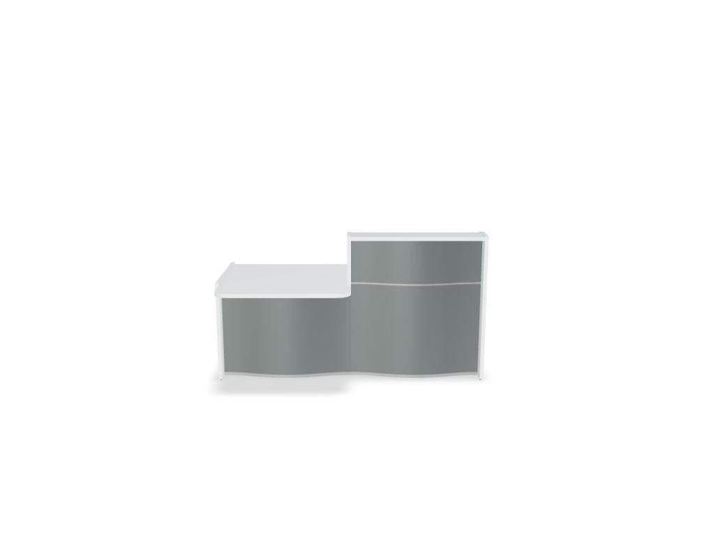 Empfangstheke Wave von Mdd in Weiss Pastell mit organischer HPL-Front, Aluminiumstreifen und modularer Wellenform-Konstruktion.