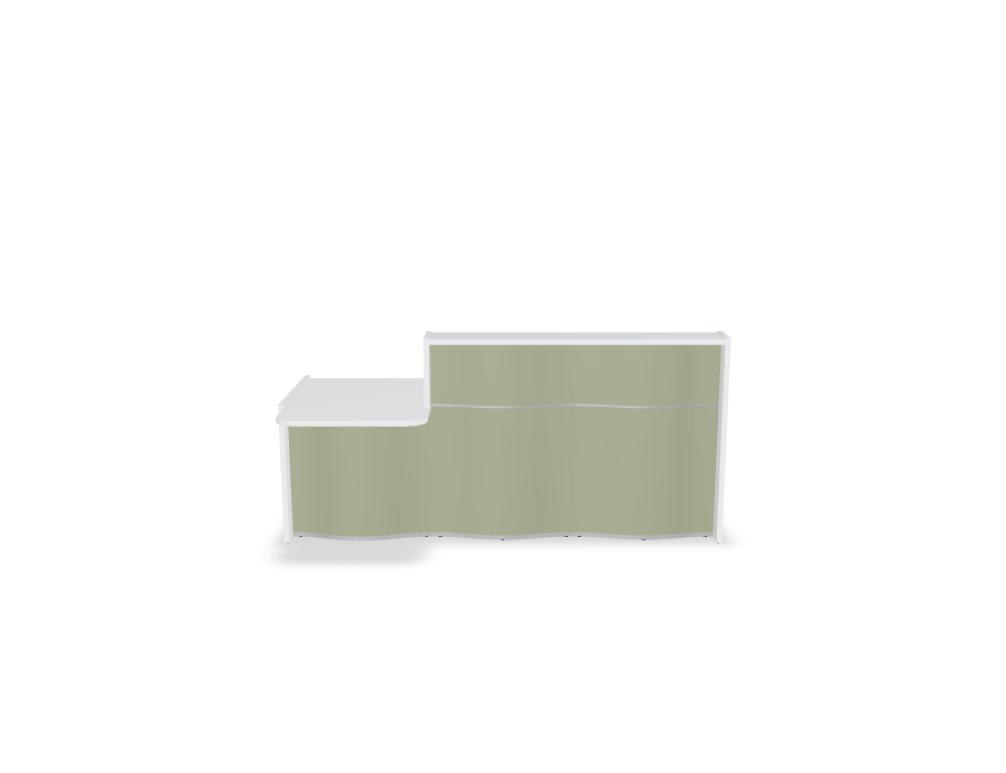 Empfangstheke Wave von Mdd in Weiss Pastell mit organischer HPL-Front, Aluminiumstreifen und modularer Wellenform-Konstruktion.