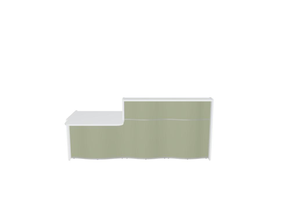 Empfangstheke Wave von Mdd in Weiss Pastell mit organischer HPL-Front, Aluminiumstreifen und modularer Wellenform-Konstruktion.