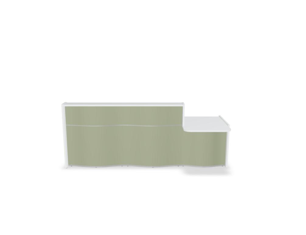 Empfangstheke Wave von Mdd in Weiss Pastell mit organischer HPL-Front, Aluminiumstreifen und modularer Wellenform-Konstruktion.