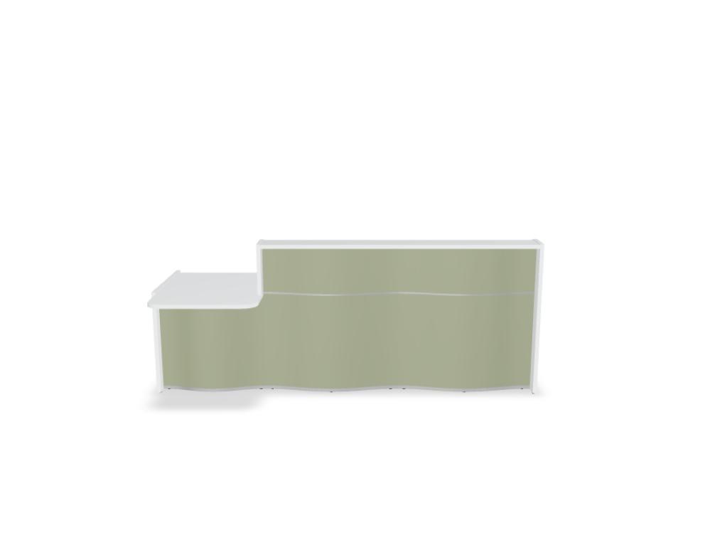 Empfangstheke Wave von Mdd in Weiss Pastell mit organischer HPL-Front, Aluminiumstreifen und modularer Wellenform-Konstruktion.