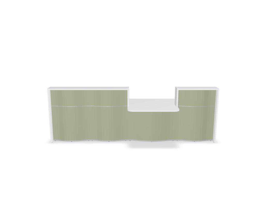 Empfangstheke Wave von Mdd in Weiss Pastell mit organischer HPL-Front, Aluminiumstreifen und modularer Wellenform-Konstruktion.
