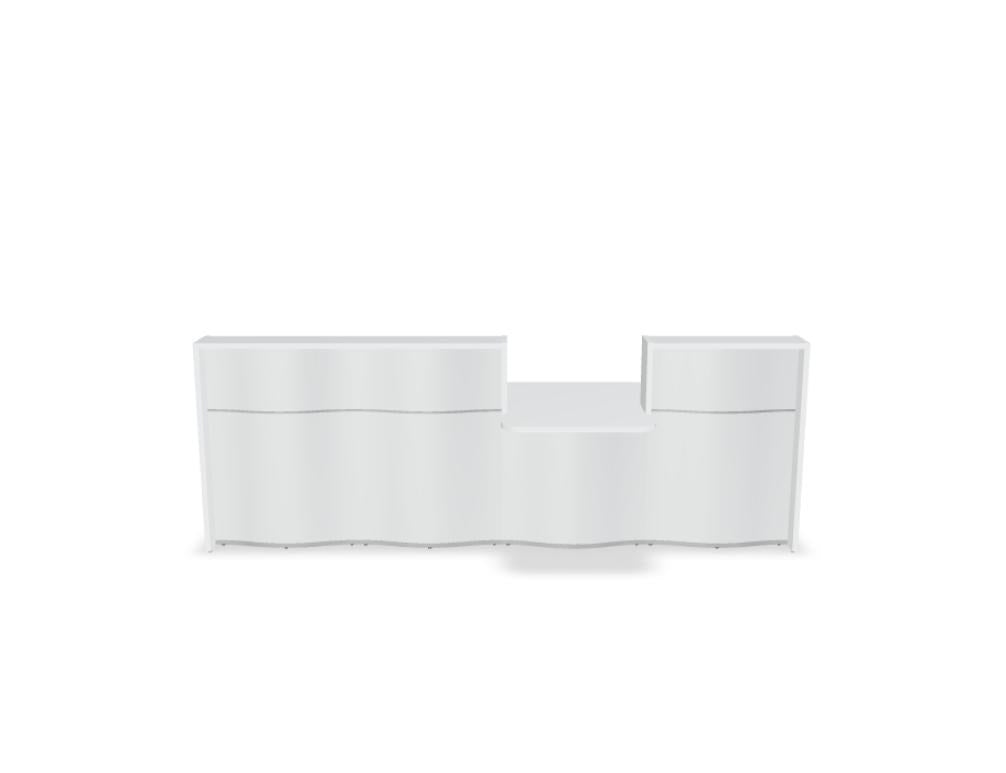 Empfangstheke Wave von Mdd in Weiss Pastell mit organischer HPL-Front, Aluminiumstreifen und modularer Wellenform-Konstruktion.