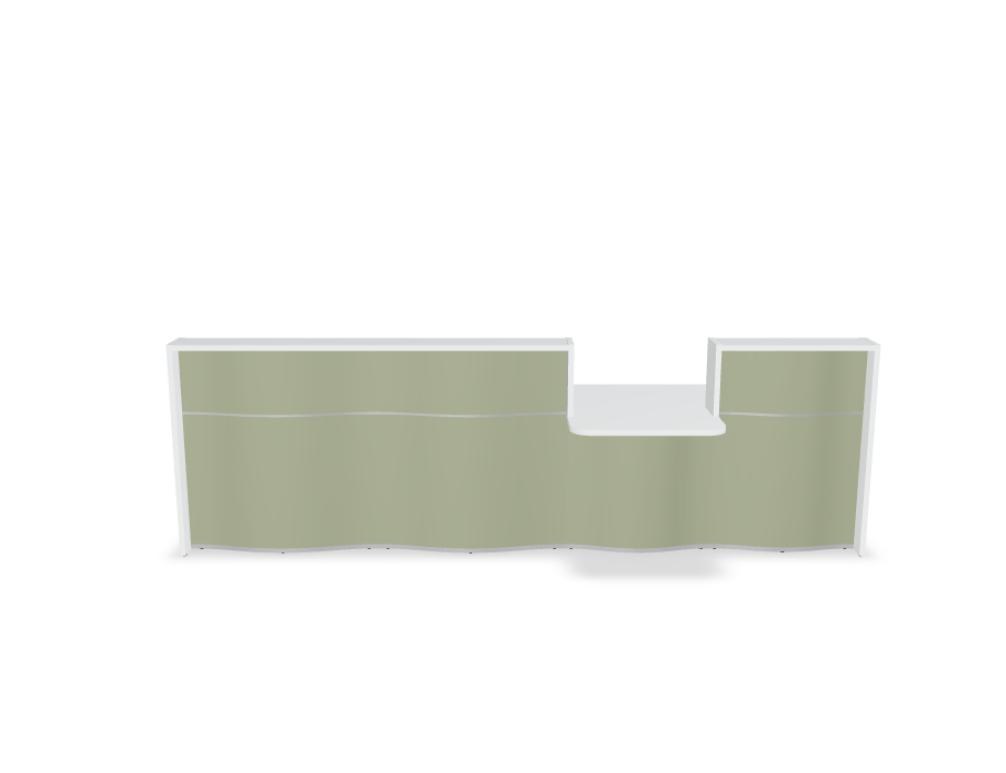 Empfangstheke Wave von Mdd in Weiss Pastell mit organischer HPL-Front, Aluminiumstreifen und modularer Wellenform-Konstruktion.