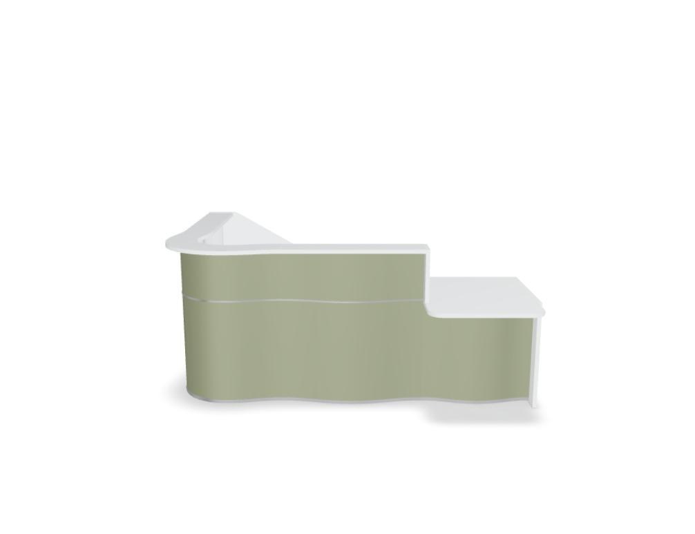 Empfangstheke Wave von Mdd in Weiss Pastell mit organischer HPL-Front, Aluminiumstreifen und modularer Wellenform-Konstruktion.