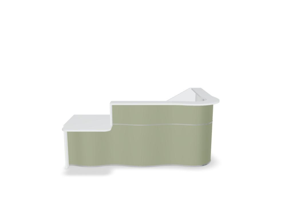 Empfangstheke Wave von Mdd in Weiss Pastell mit organischer HPL-Front, Aluminiumstreifen und modularer Wellenform-Konstruktion.