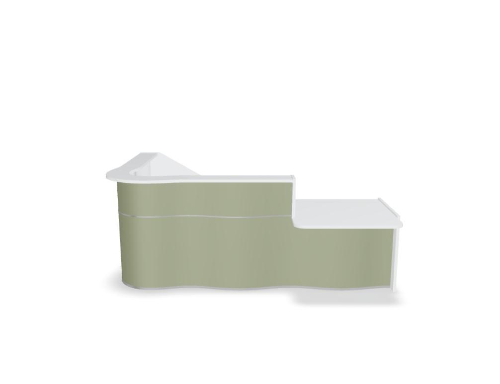 Empfangstheke Wave von Mdd in Weiss Pastell mit organischer HPL-Front, Aluminiumstreifen und modularer Wellenform-Konstruktion.