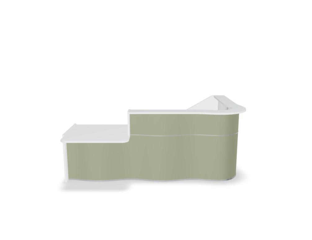 Empfangstheke Wave von Mdd in Weiss Pastell mit organischer HPL-Front, Aluminiumstreifen und modularer Wellenform-Konstruktion.