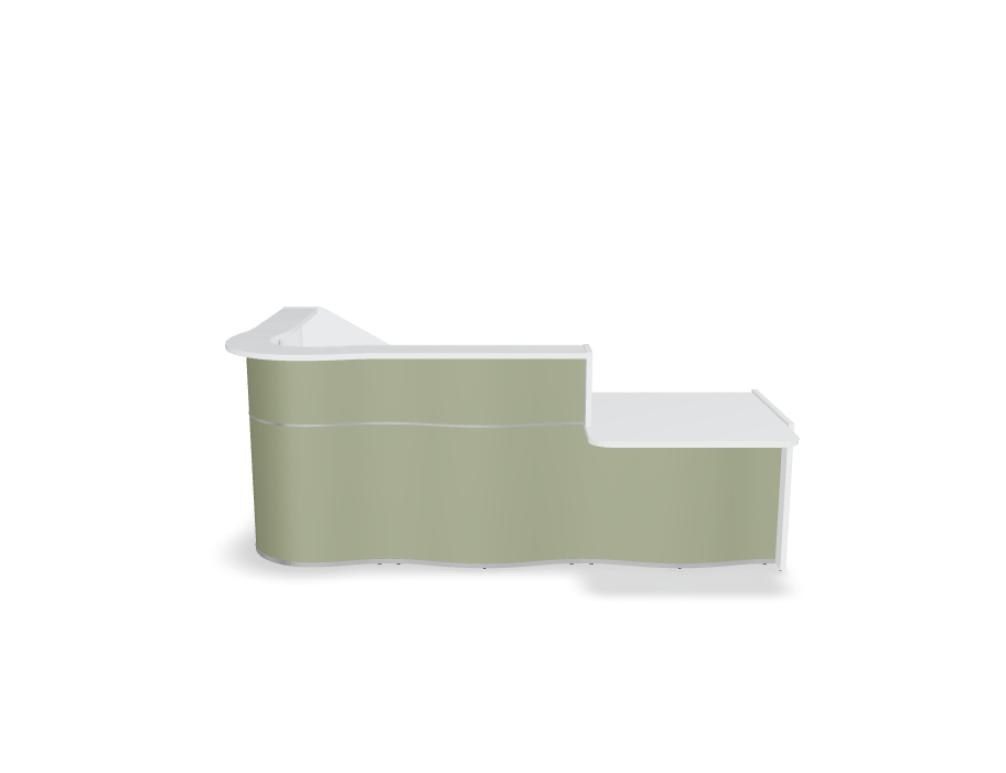 Empfangstheke Wave von Mdd in Weiss Pastell mit organischer HPL-Front, Aluminiumstreifen und modularer Wellenform-Konstruktion.
