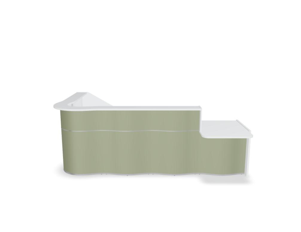 Empfangstheke Wave von Mdd in Weiss Pastell mit organischer HPL-Front, Aluminiumstreifen und modularer Wellenform-Konstruktion.