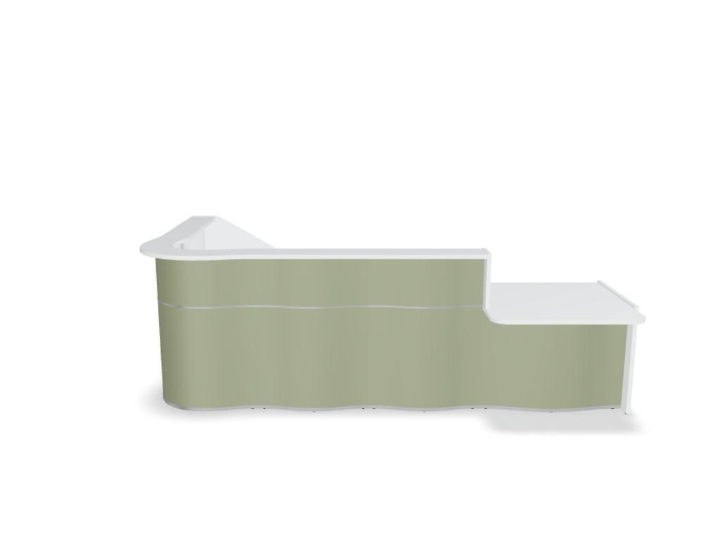 Empfangstheke Wave von Mdd in Weiss Pastell mit organischer HPL-Front, Aluminiumstreifen und modularer Wellenform-Konstruktion.