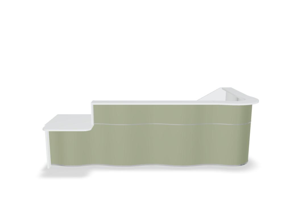 Empfangstheke Wave von Mdd in Weiss Pastell mit organischer HPL-Front, Aluminiumstreifen und modularer Wellenform-Konstruktion.